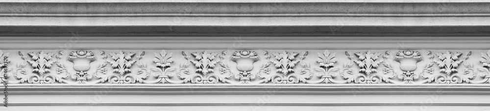 Detail of an old Italian molding stone eaves with foliage and plants - Seamless pattern