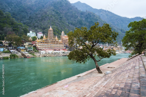 Panorama of ghats in Laxman Jhula with Sri Trayambakeshwar temple, Rishikesh.