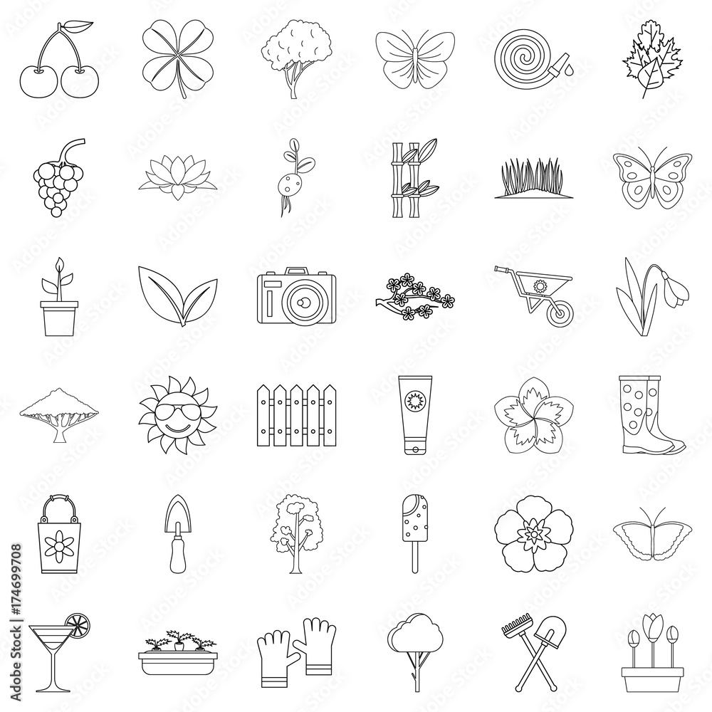 Flower icons set, outline style