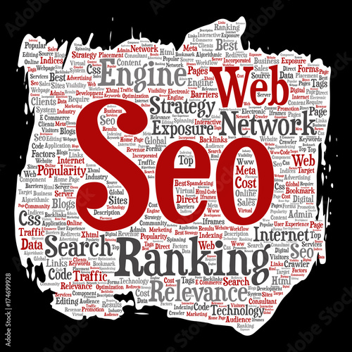 Vector conceptual search results engine optimization top rank, seo brush or paper online internet word cloud text isolated on background. Marketing strategy web page content relevance network concept