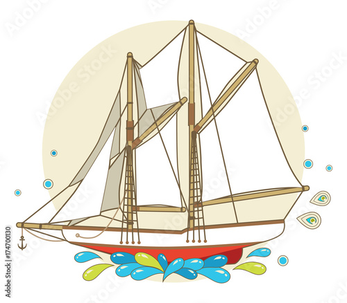 Cartoon sailing ship with white sail, vector illustration