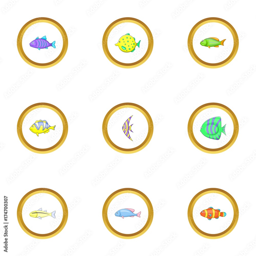 Ocean fish icons set, cartoon style Ocean fish icons set, cartoon style