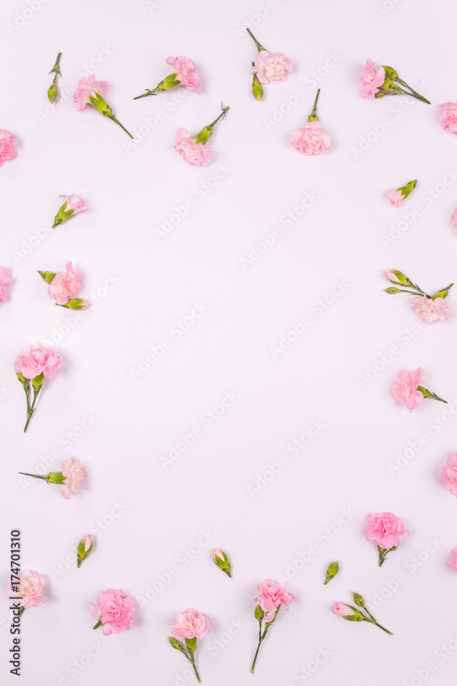 Frame made of pink carnation flowers on light pink background. Flat lay, Top view. Wedding background.