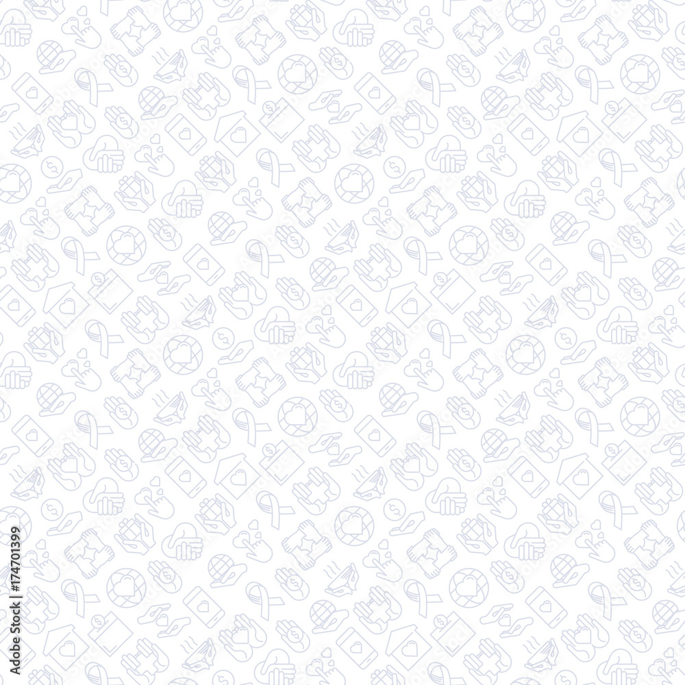 Charity and donation seamless pattern with thin line icons related to nonprofit organizations, fundraising, crowdfunding and charity project. Vector illustration for banner, print media.