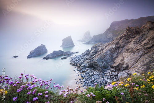 Bedruthan Steps in the mist