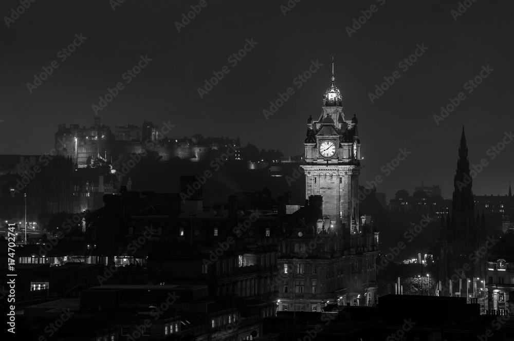Aerial night view of Edinburgh castle. Black and white