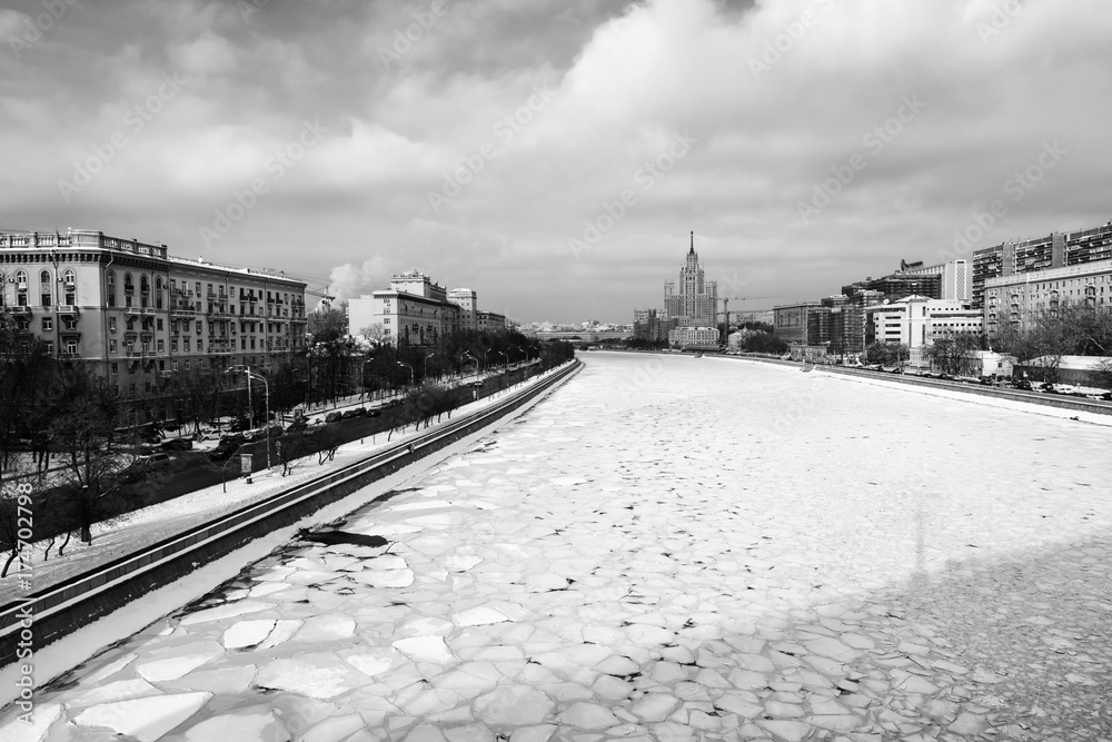 Moscow river covered with ice in winter