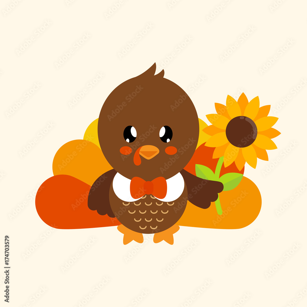 cute turkey with sunflower and tie