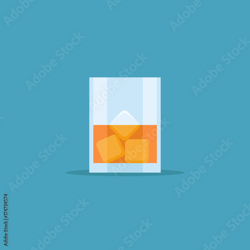 Glass of whiskey with ice isolated on blue background. Flat style icon. Vector illustration.