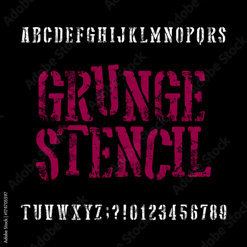 Grunge stencil typeface. Retro alphabet font. Scratched letters and numbers on a black background. Stock vector vintage typeset for your headers or any typography design.