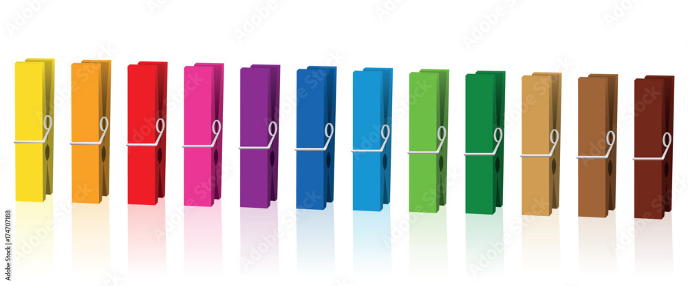 Obraz premium Clothes pegs - neat colored clothespins arranged in row - isolated vector on white background.