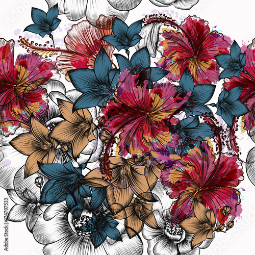 Beautiful tropical engraved hand drawn flowers in vintage style