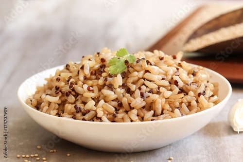 Fotografie Red Quinoa brown rice served in a bowl, selective focus