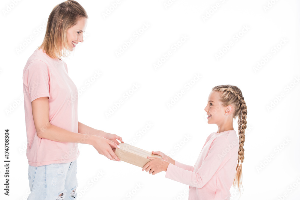 mother and daughter with gift box mother and daughter with gift box