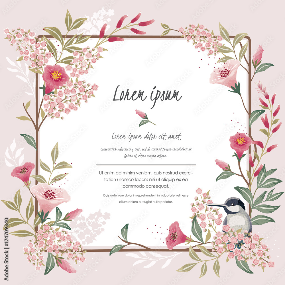 Vector illustration. A floral frame with a cute bird in spring for Wedding, anniversary, birthday and party. Design for banner, poster, card, invitation and scrapbook Vector illustration. A floral frame with a cute bird in spring for Wedding, anniversary, birthday and party. Design for banner, poster, card, invitation and scrapbook