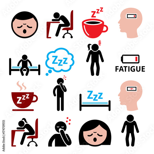 Fatigue vector icons set, tired, sressed or sleepy man and woman design