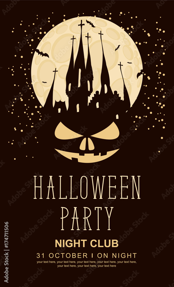 Vector banner for Halloween party with horrid face and an old Gothic castle in the cemetery on the background of the full moon