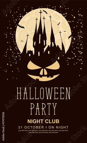 Vector banner for Halloween party with horrid face and an old Gothic castle in the cemetery on the background of the full moon