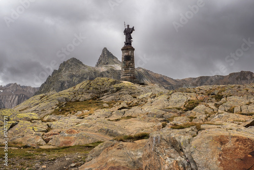 statue of Saint Bernard at the Great St Bernard Pass, Switzerland