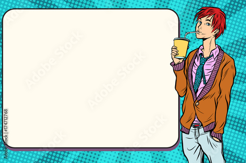 Fashionable hipster young man drinking a beverage, manga anime