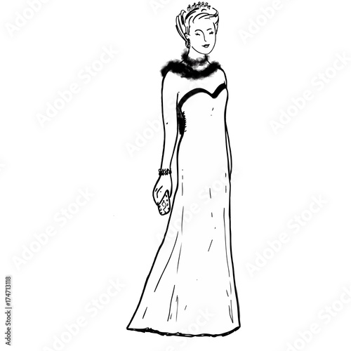 Female model in long dress  tiara and boa. Black contour silhouette. Queen  princess  woman for coloring book pages  advertising  banners  shop  design  covers. Cartoon character. Black  white colors.