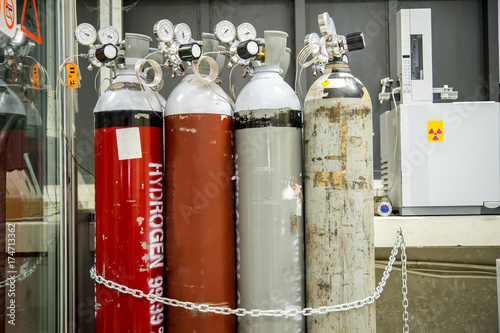 Gas pressure regulator with gas Nitrogen , Oxygen, Helium, Hydrogen.Gas used on the machine Gas Chromatograph-Mass Spectrometer (GCMS).Close up image