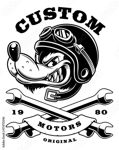 wolf biker with wrenches on white background