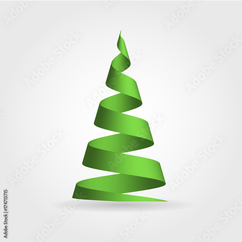 Simple green ribbon in a shape of Christmas tree. Merry Christmas theme. 3D vector illustration with dropped shadow and gradient background.