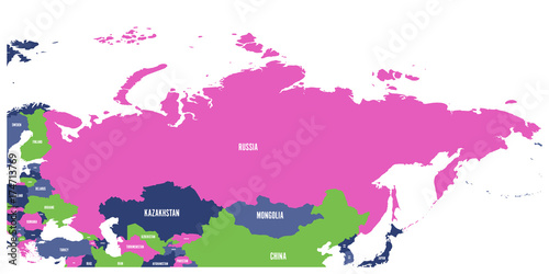 Political map of Russia and surrounding European and Asian countries. Four shades of green map with white labels on white background. Vector illustration.