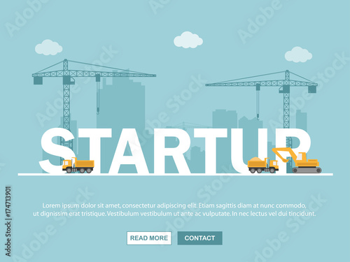 Crane and startup building. Infographic Template. Vector Illustration.