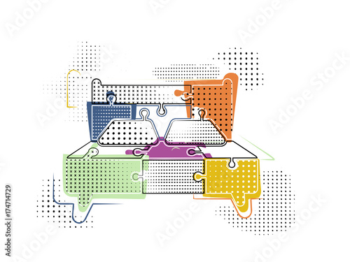 Abstract vector illustration of a bed made out of puzzle pieces in memphis style