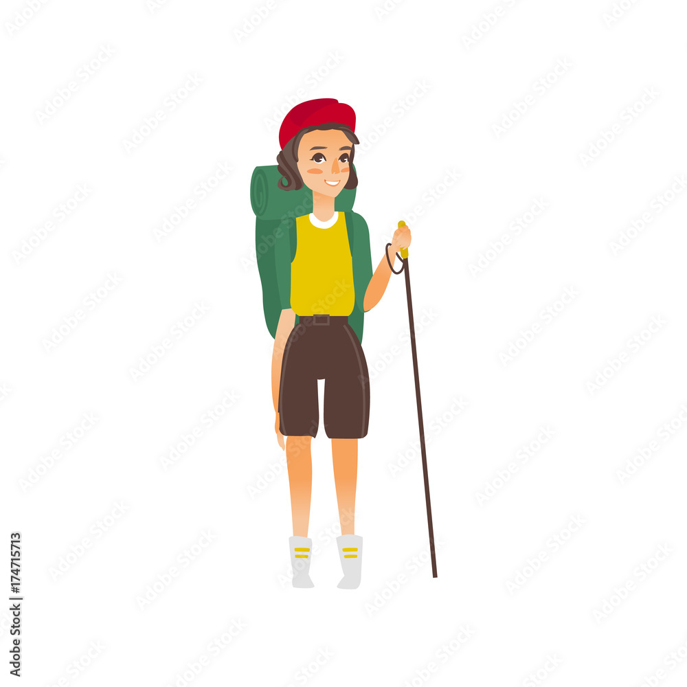 vector flat cartoon beautiful young girl hiking tourist smiling wearing backpack, watches cap trekking pole stick. Isolated illustration on a white background. vector flat cartoon beautiful young girl hiking tourist smiling wearing backpack, watches cap trekking pole stick. Isolated illustration on a white background.