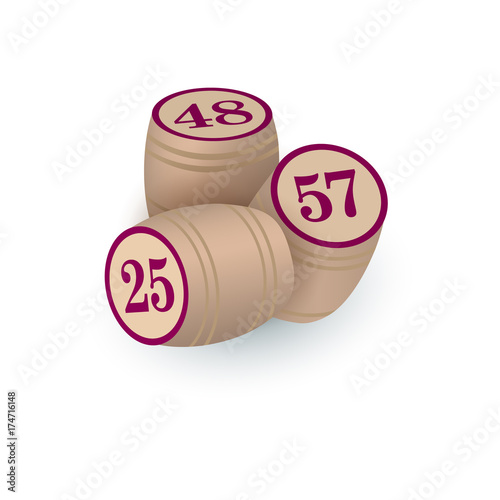 Three retro style, vintage wooden kegs for bingo lotto game, vector illustration with shadows isolated on white background. Three bingo board, lotto game wooden kegs