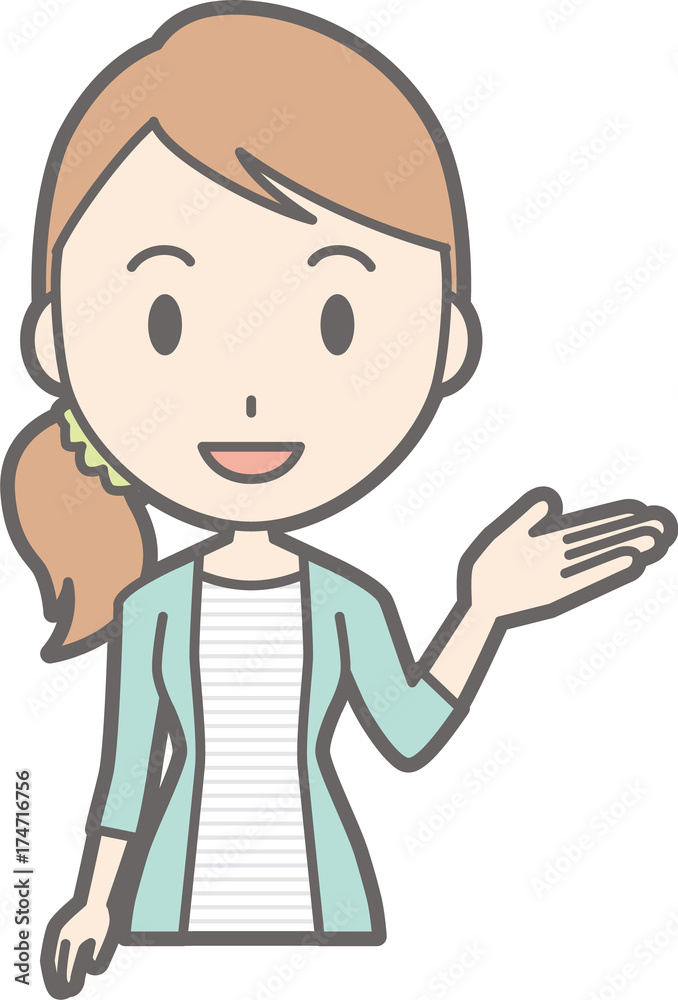 Illustration of a young woman in striped clothes lifting one hand Illustration of a young woman in striped clothes lifting one hand