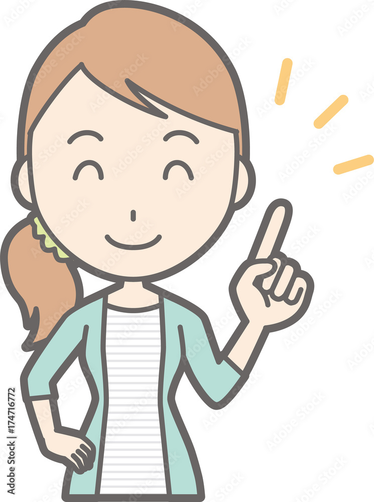 Illustration that a young woman in striped clothes is pointing at a smile Illustration that a young woman in striped clothes is pointing at a smile