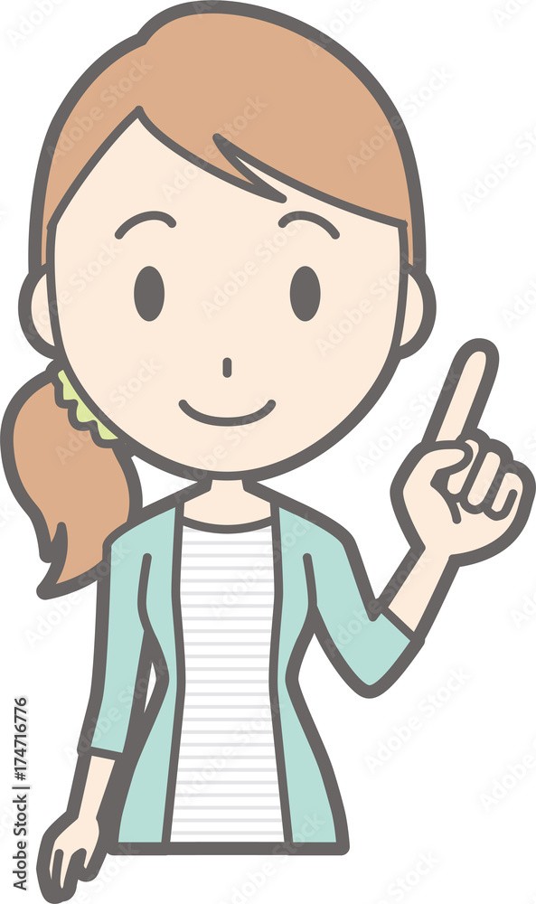 Illustration that a young woman in striped clothes is pointing at a finger