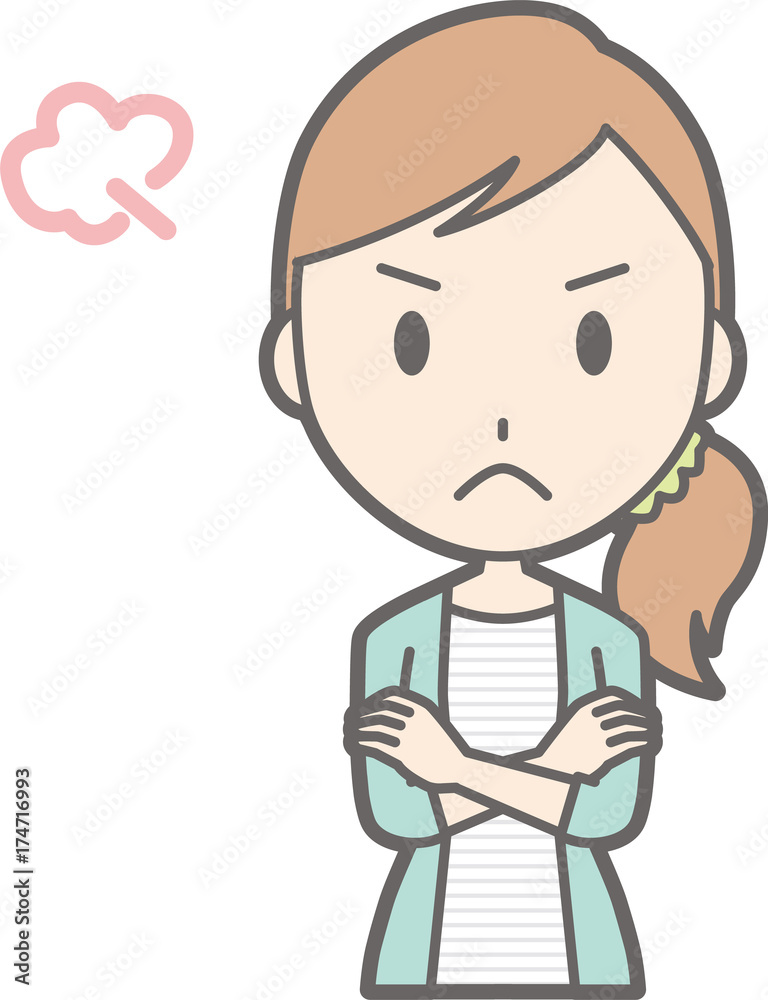 An illustration of a young woman in striped clothes angry