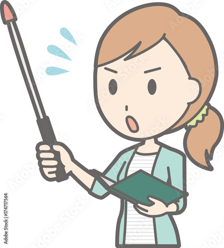 Illustration that a young woman in striped clothes is impatient with an instructor
