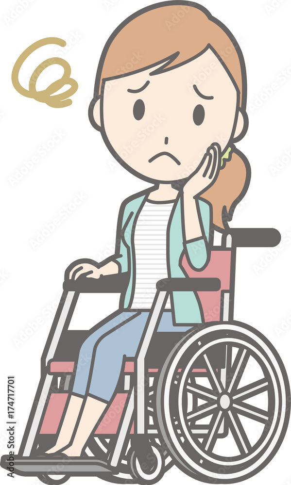 Illustration that a young woman in striped clothes is troubled with a wheelchair Illustration that a young woman in striped clothes is troubled with a wheelchair