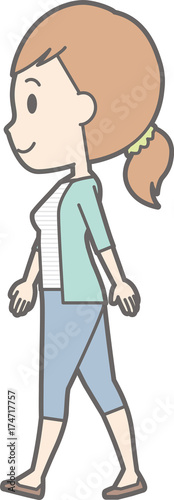 Illustration of a young lady in striped clothes walking sideways