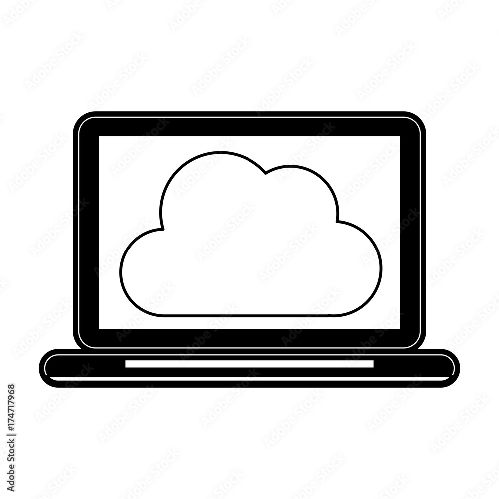 computer with cloud storage icon image vector illustration design  black and white