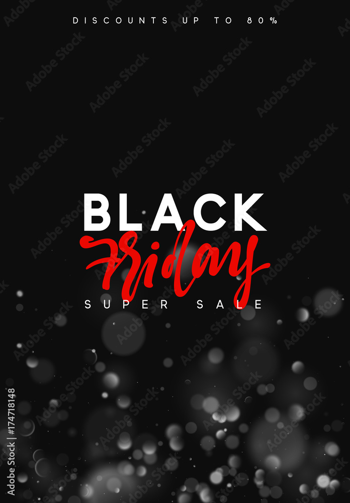 Black Friday sale, banner, poster advert. Card offert promotion design. Background lights bokeh