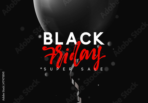 Black Friday sale, banner, poster advert. Card offert promotion design. Background lights bokeh and black air balloon