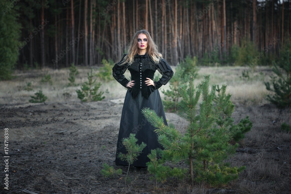 beautiful girl in a black dress in the forest.