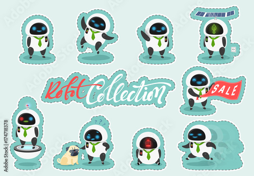 Sticker character modern robot in cartoon doodle flat style.
