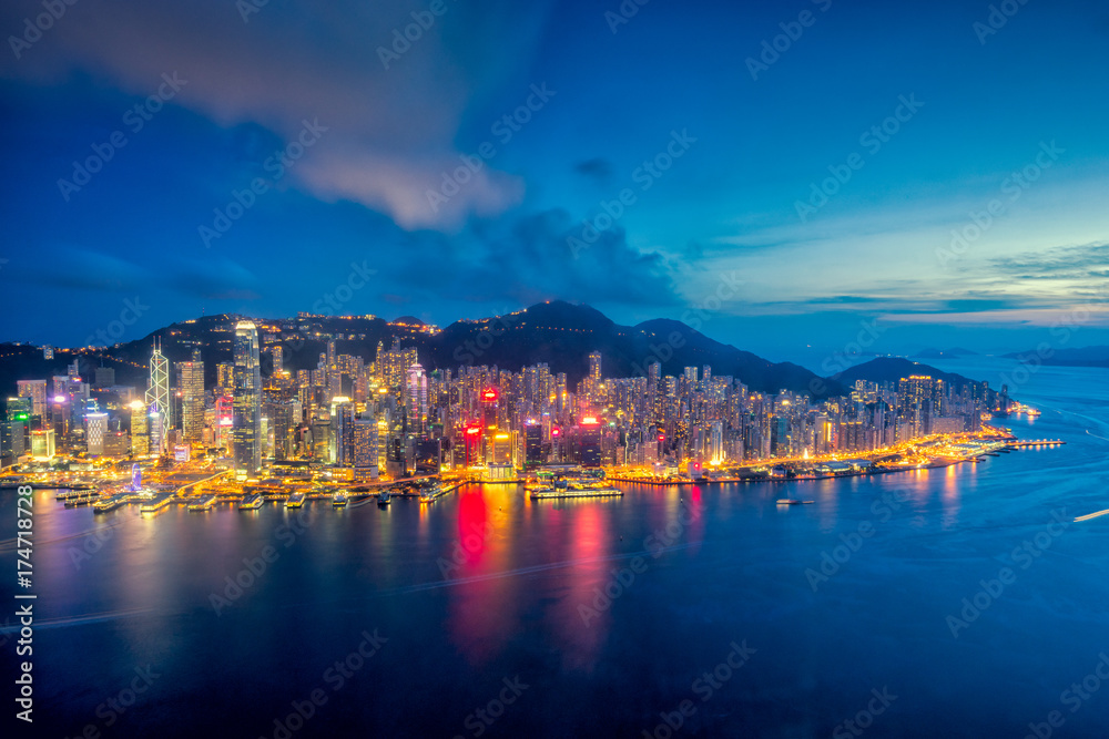 Panorama of Hong Kong City skyline at sunset