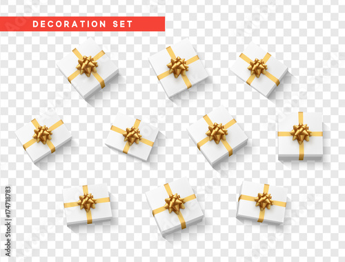 Set gift box white, with gold ribbon and bow. Realistic isolated different gift boxes. Flat lay, top view