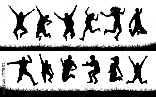 Happy jumping people silhouettes