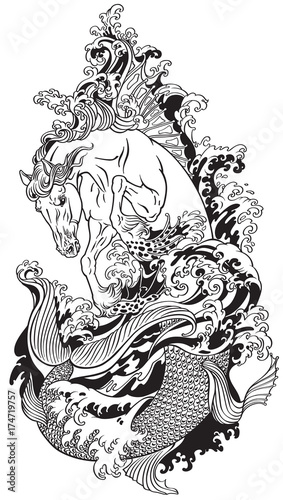 mythological sea horse hippocampus or hippocamp.  Black and white tattoo vector illustration 