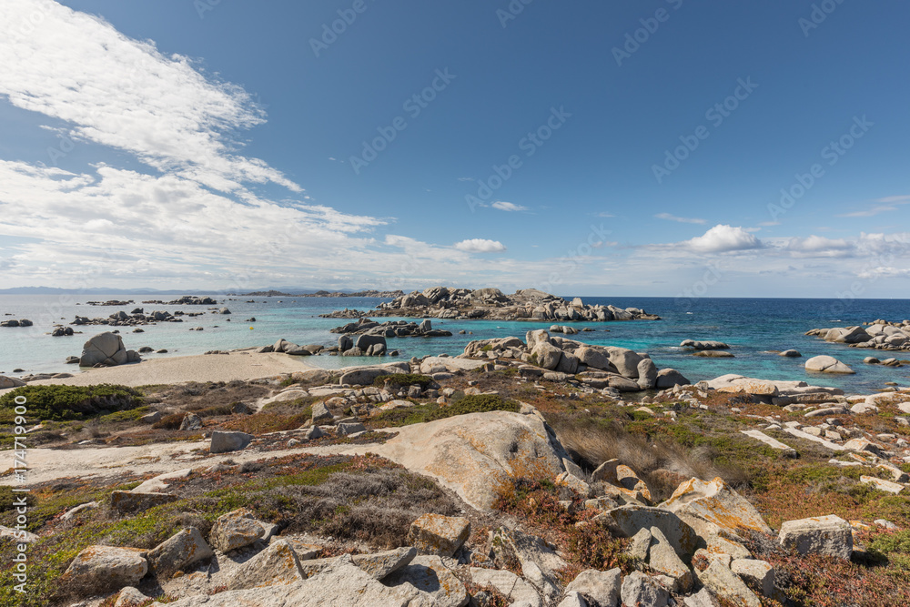 Rocky coastline and translucent sea at Cavallo island near Corsica